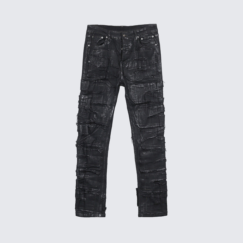 Dark Coating Waxed Distressed Jeans