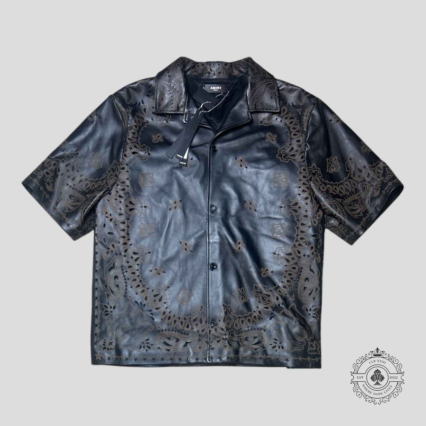 Amiri Leather Bandana Button Up Bowling Shirt in Brown