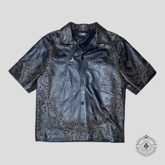 Amiri Leather Bandana Button Up Bowling Shirt in Brown