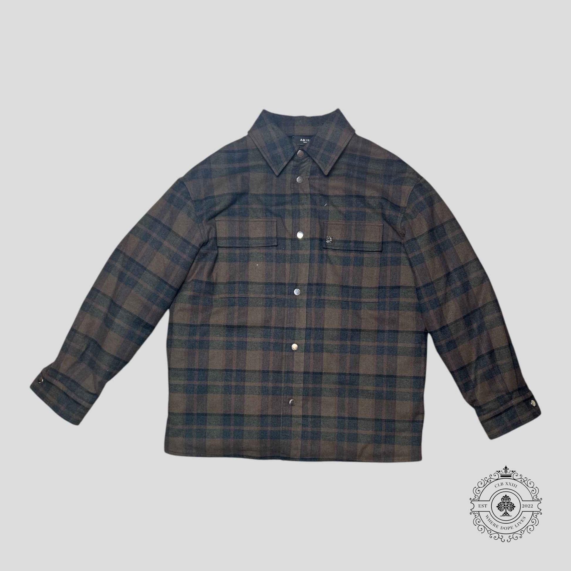 Amiri Plaid Padded Button Up Overshirt in Black/Brown