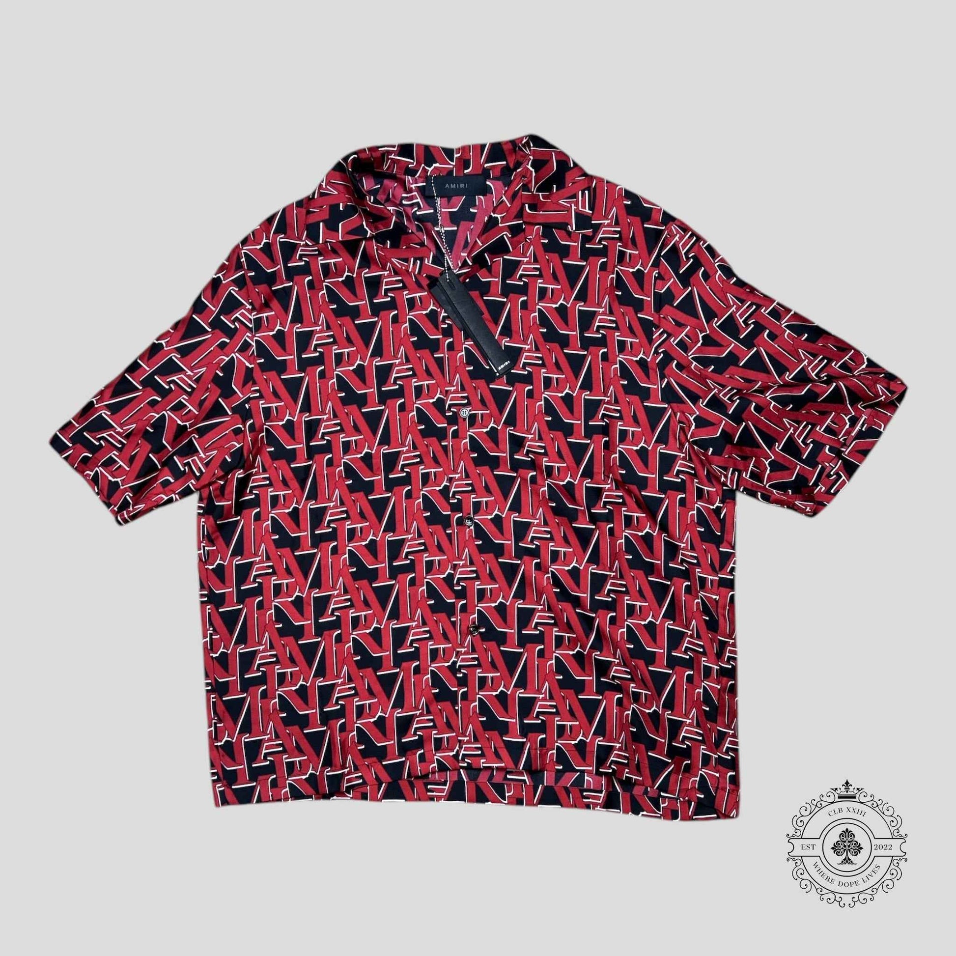 Amiri Staggered Logo Silk Button Up Bowling Shirt in Red/Black