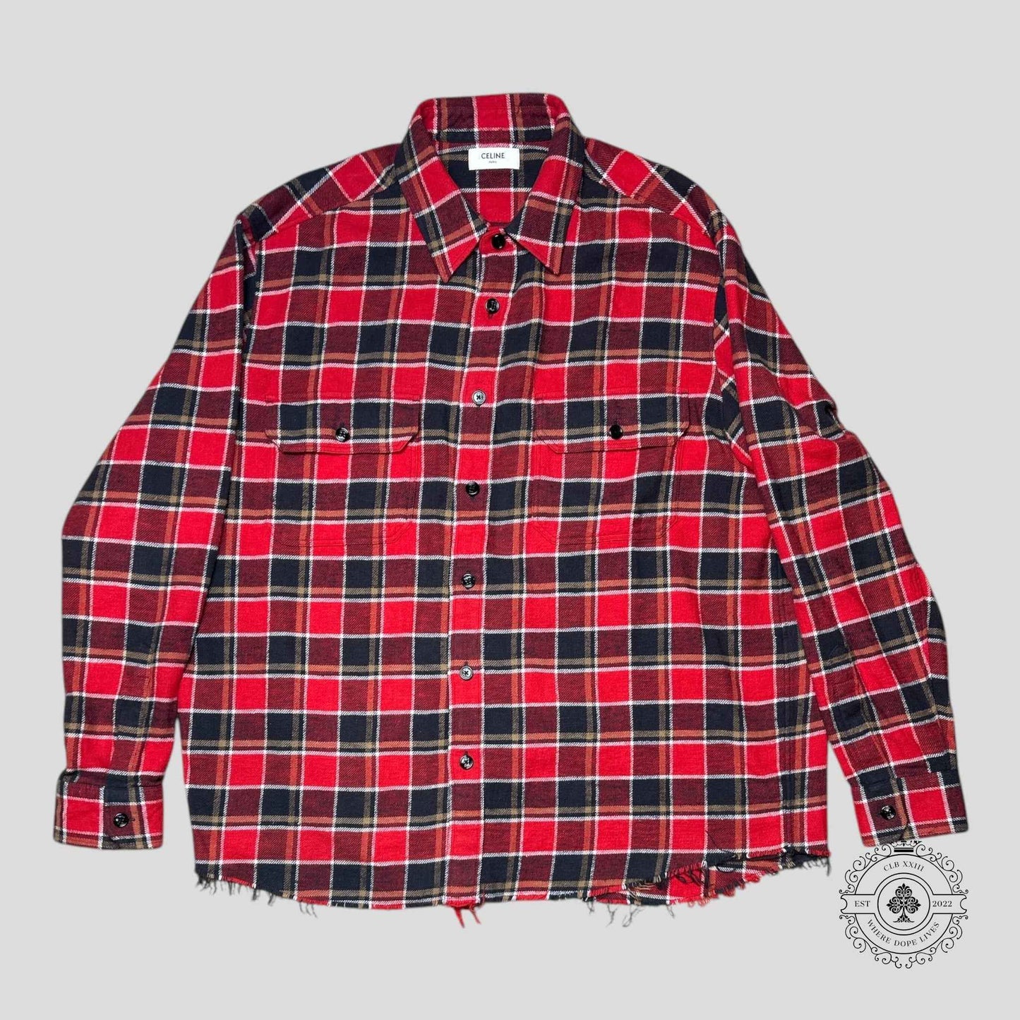Celine Checked Flannel Worn Hem Overshirt in Red/Black/White/Yellow