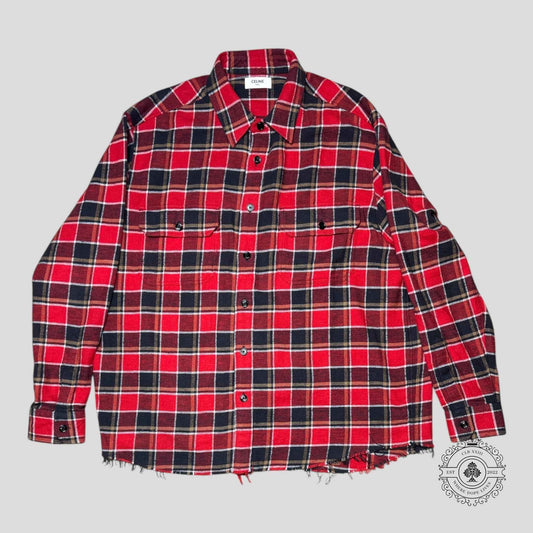 Celine Checked Flannel Worn Hem Overshirt in Red/Black/White/Yellow