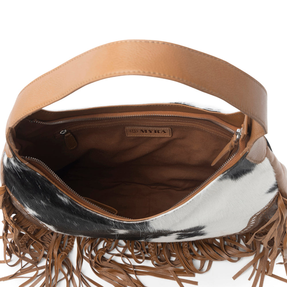 Myra Lasso Lane Hairon Leather Bag for Women in brown with fringe and embossed detail