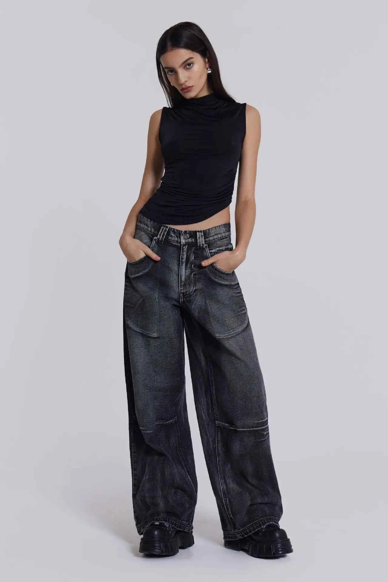Vintage Wing Pattern Baggy Wide Leg Jeans