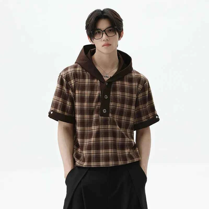 Effortless Plaid Button-Up Hooded T-Shirt