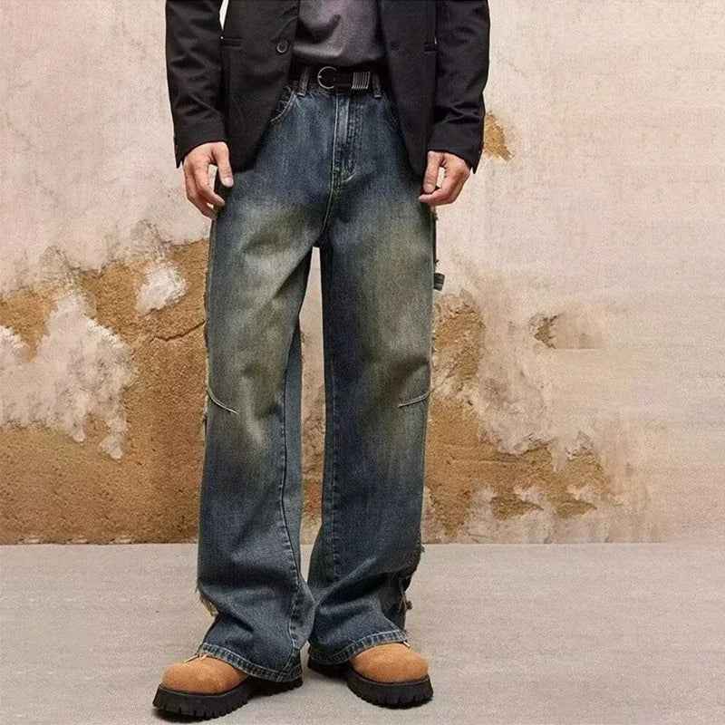 Vintage Distressed Cutting Wide Leg Denim Jeans