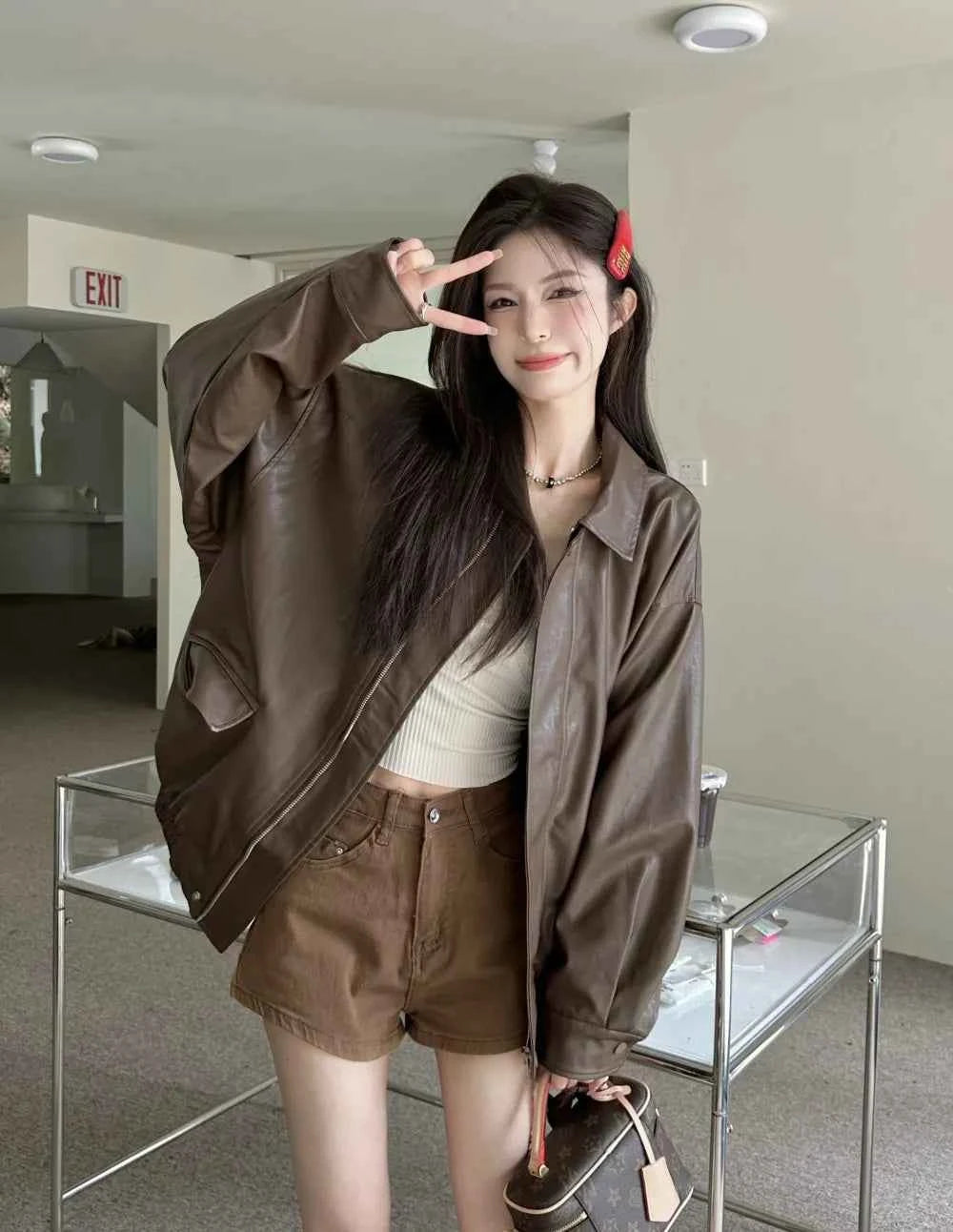 Women Retro Moto Bike Casual Style Leather Jacket
