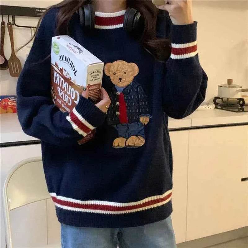 Women Cute Cozy Vintage Bear Knit Sweater