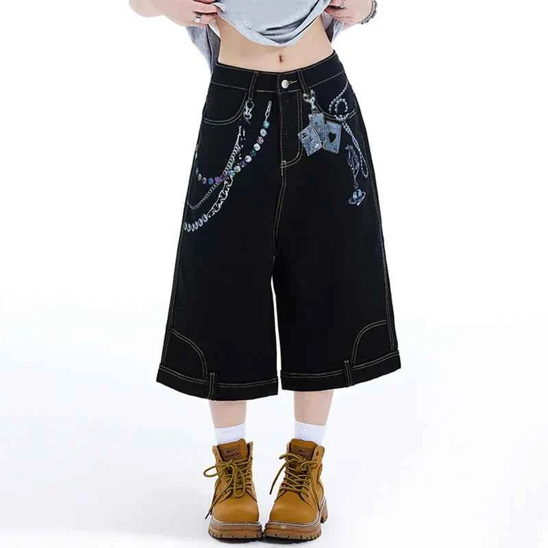 Contrast Retro Color Wide Leg Denim Jorts