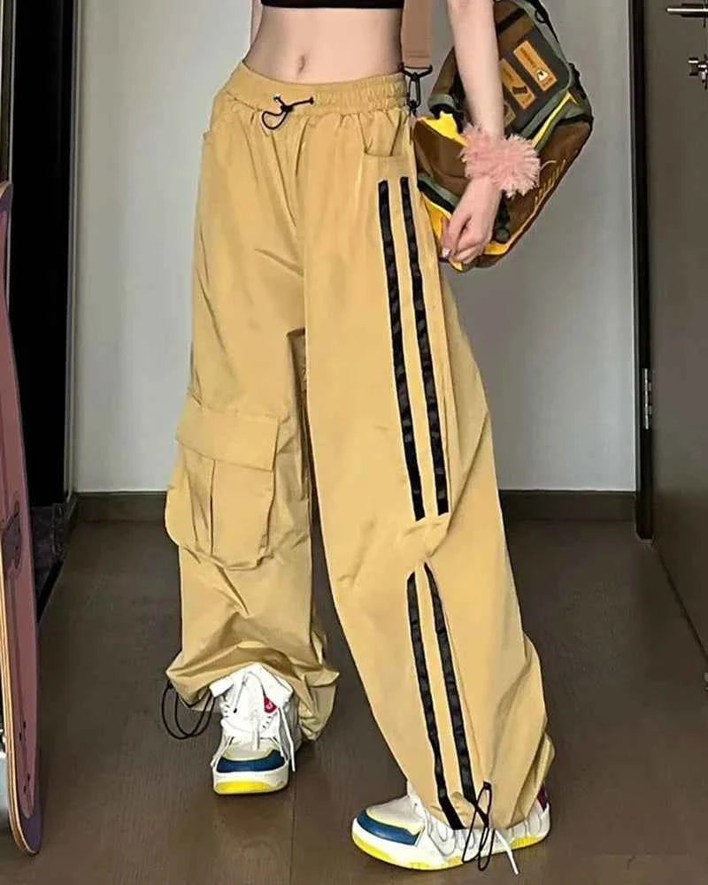 Women Hip Hop Striped Loose Wide Cargo Sweatpants