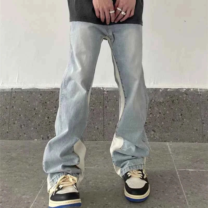 Retro Washed Patchwork Baggy Flare Jeans