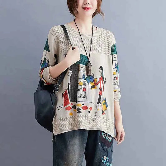 Literary Retro Comfort Anime Printing Sweater