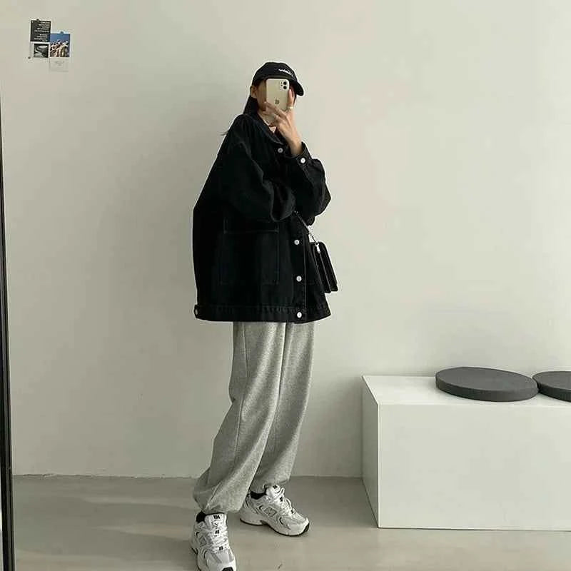 Black Loose Single Breasted Denim Jacket