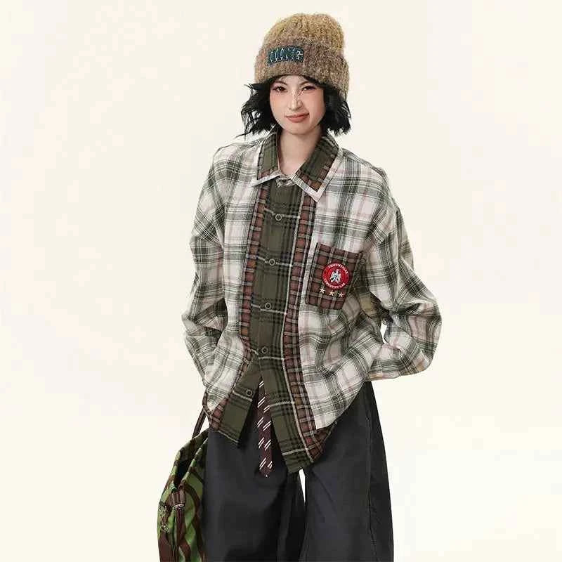 Checkered Patchwork Long Sleeve Shirt