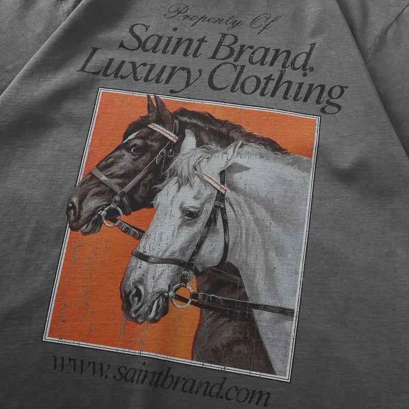 Warm Retro Horse Graphic Printed Cotton T-Shirt