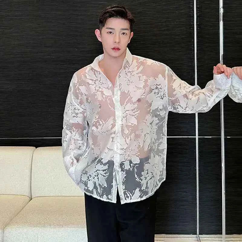 Men Translucent Printed Long Sleeve Shirt