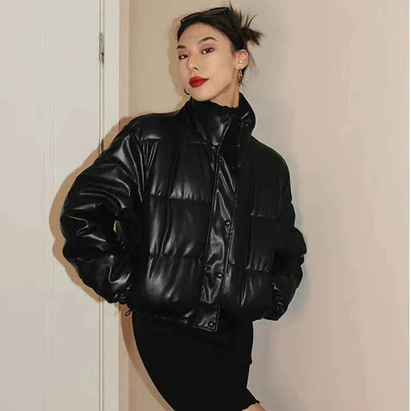 Women Stylish Black PU Winter Leather Jacket