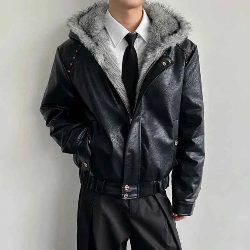 Soft Patchwork Hooded Faux Fur Leather Jacket