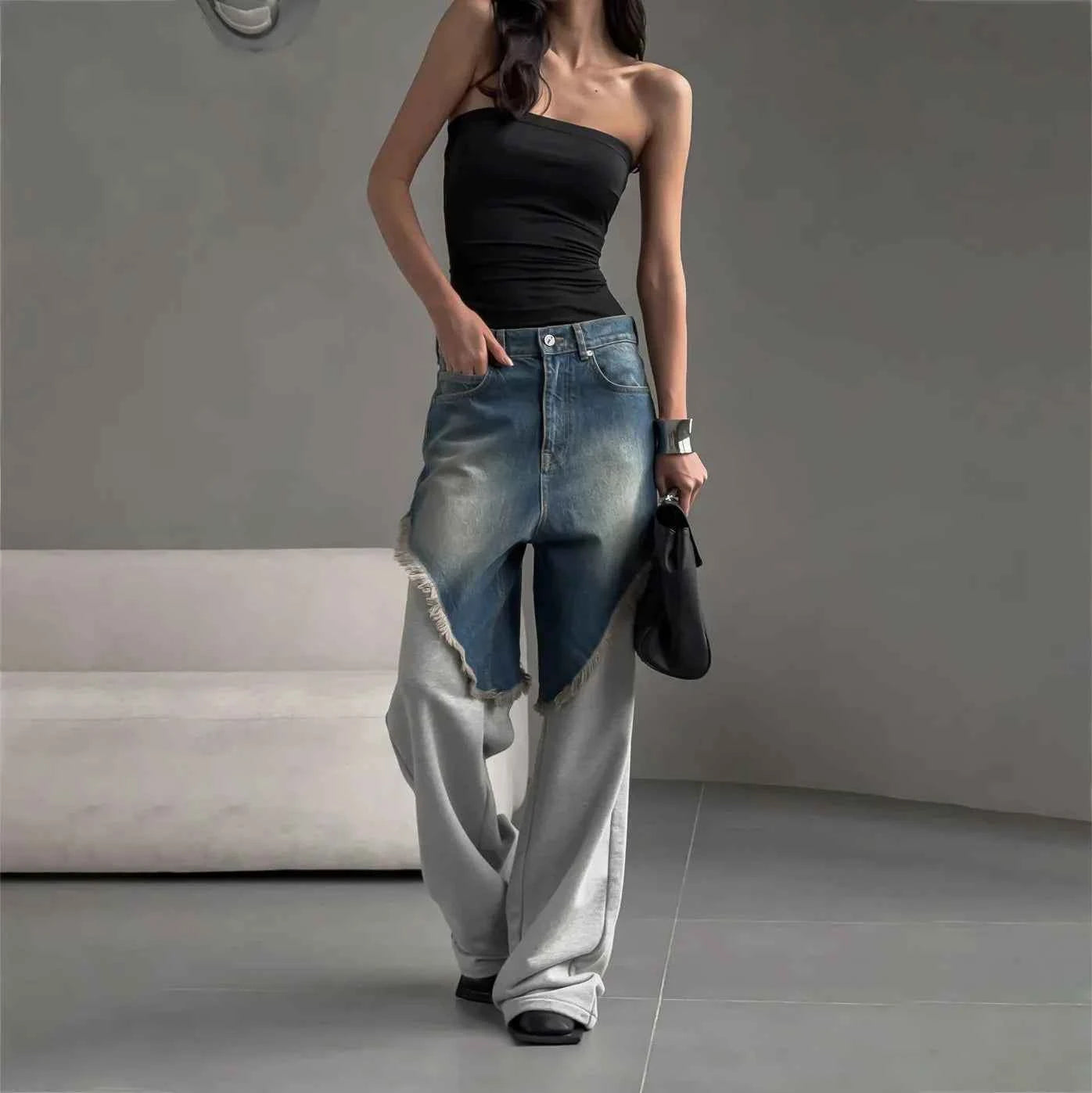 Distressed Patchwork Wide Leg Denim Pants