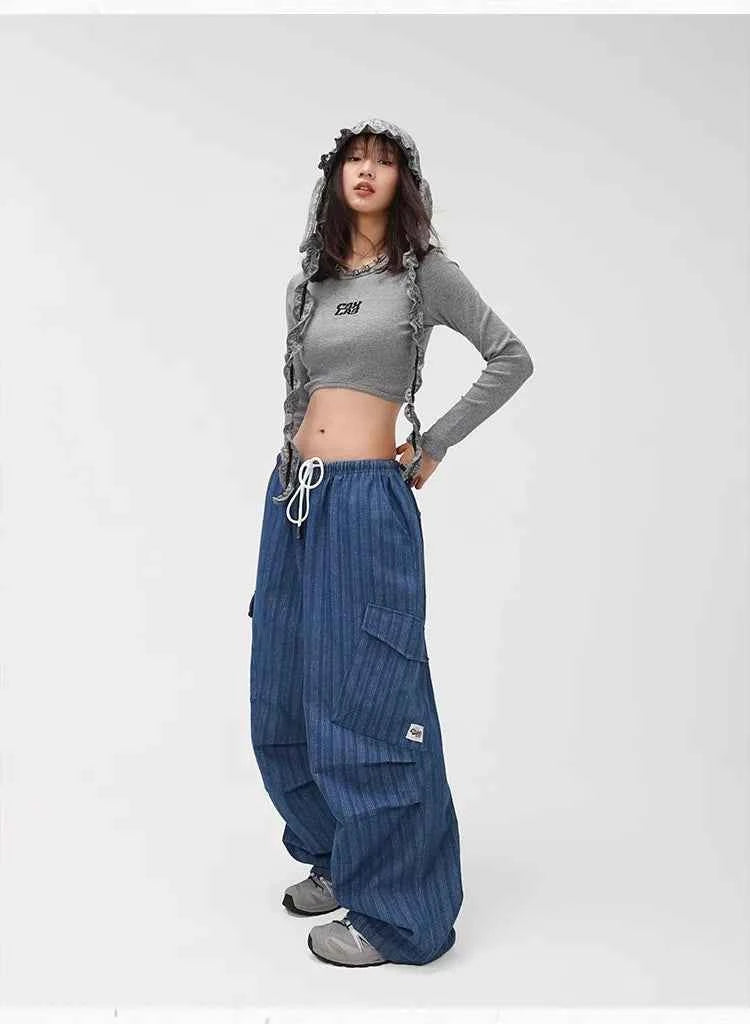 Deep Blue Vertical Stripe Denim Pants