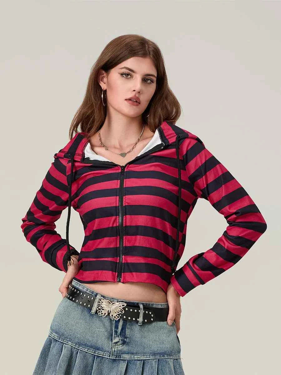 Easy Match Striped Zip-Up Hooded Sweatshirt