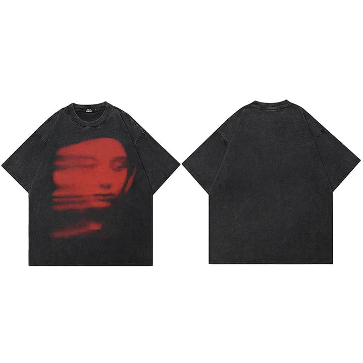 Blurry Red Face Graphic Loose T-Shirt