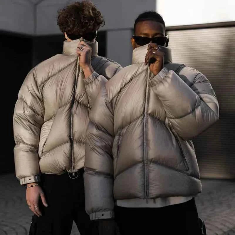 Metal Logo Stand Collar Down Bomber Jacket