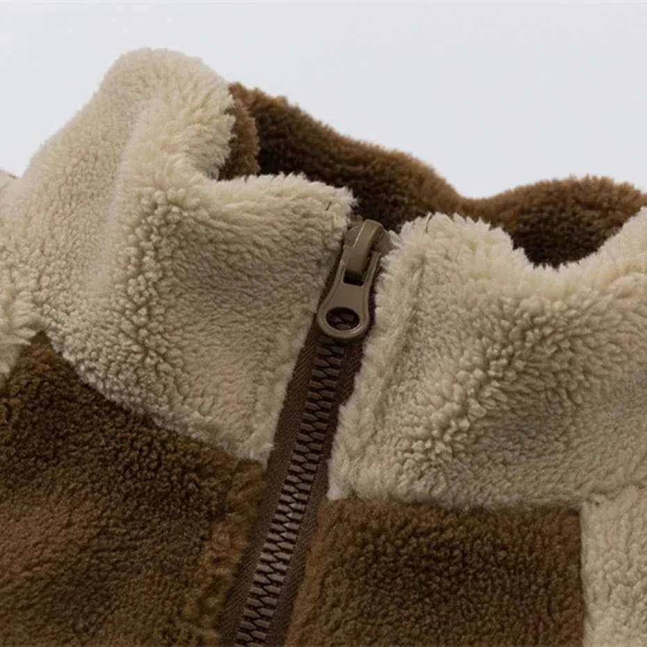 Breathable Cozy Plush Fleece Color Block Furry Jacket