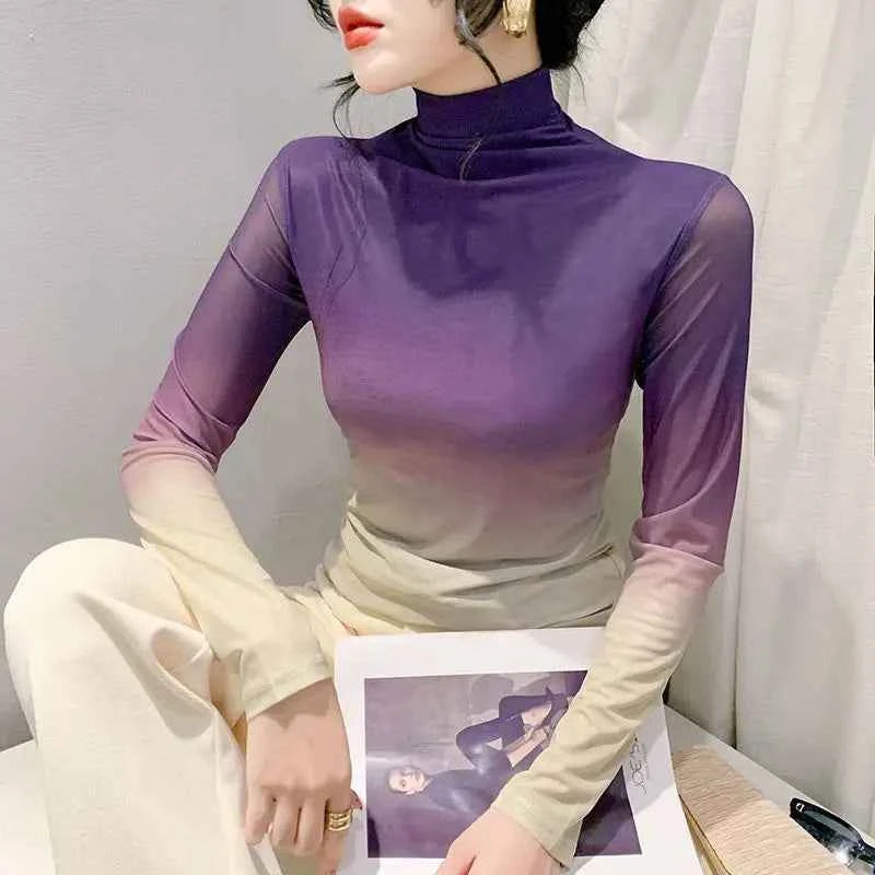 Chic Gradient Print Mesh Long T-Shirt