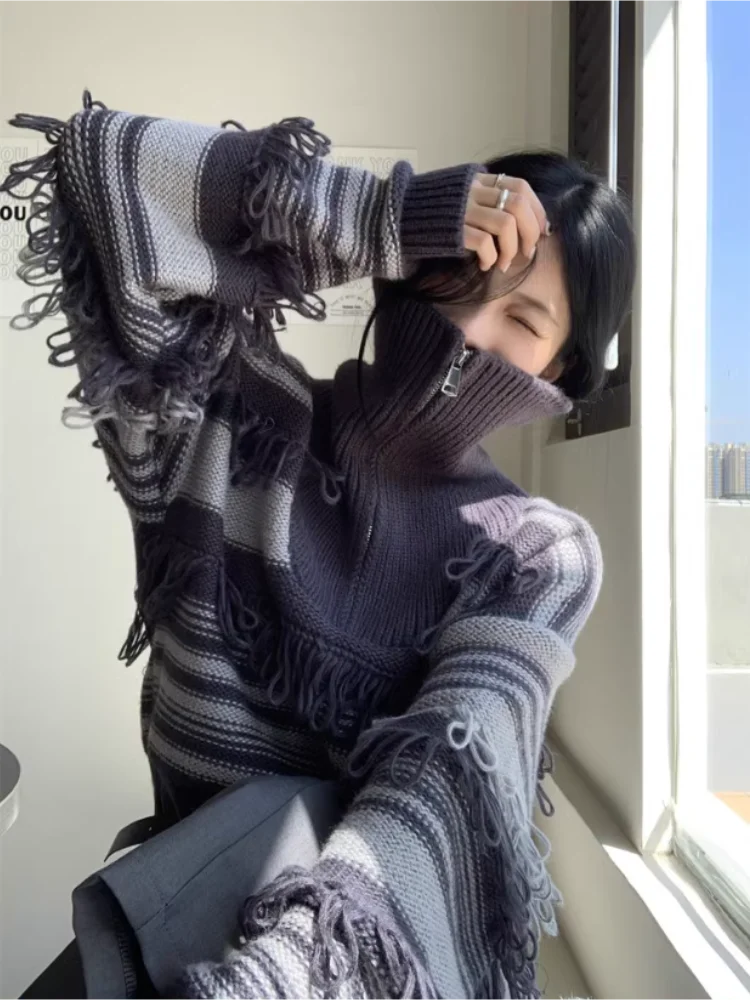 Autumn High-End Striped Fringe Sweater - Luxuryurbanwear
