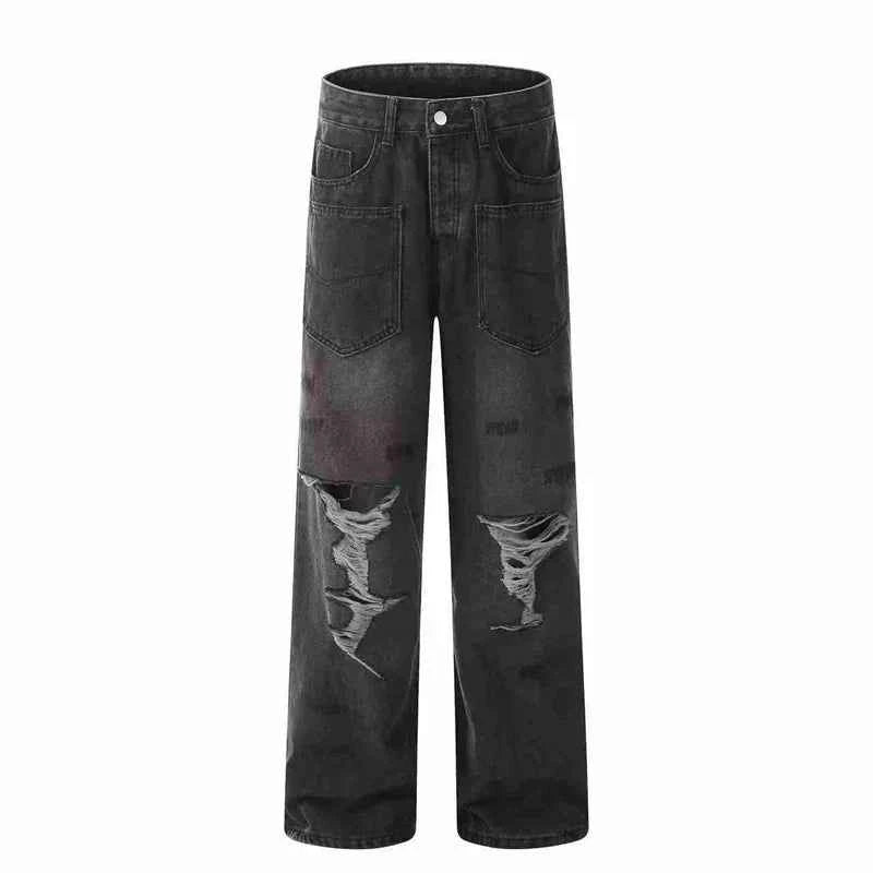 Retro American Ripped Distressed Wide Jeans