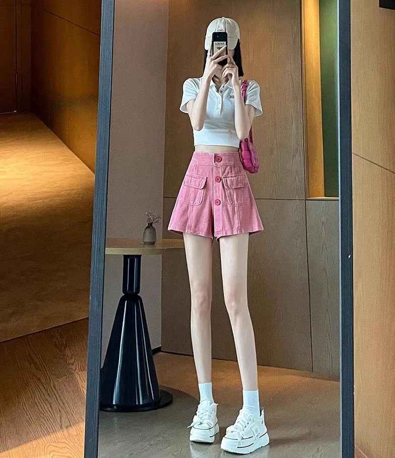 Pink High Waist Culotte Denim Cargo Skirt