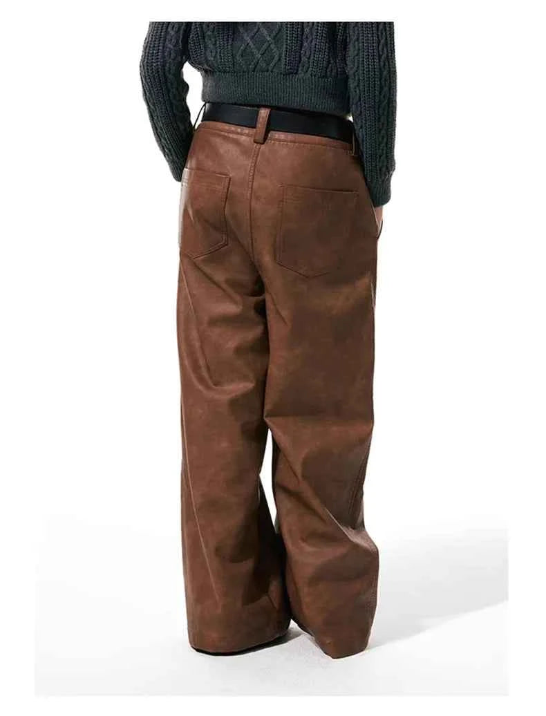 Women Luxury Brown Wide Leg Leather Pants