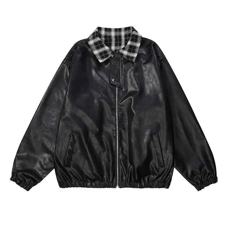 Women Reversible Bouble Face Plaid Biker Leather Jacket