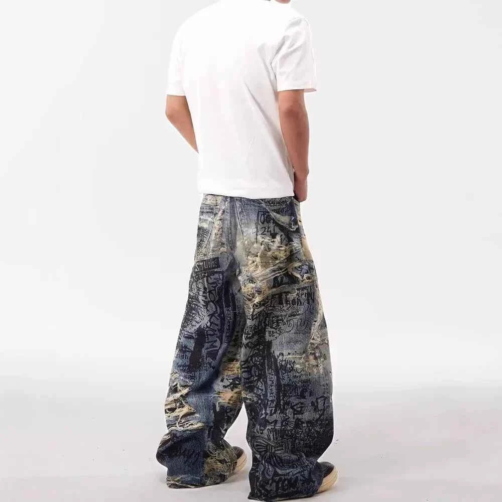 Retro 3D Printed Cool Ripped Wide Leg Jeans