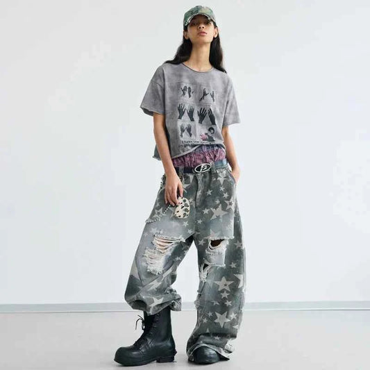 Star Printed Streetwear Wide Leg Denim Jeans