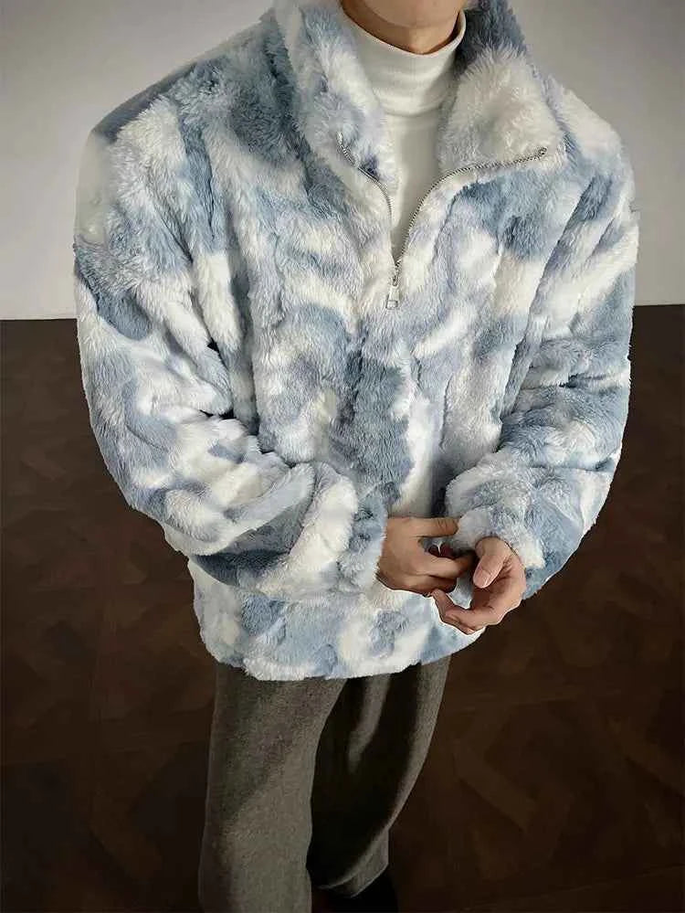 Winter Tie-Dye Stand-Collar Faux Fur Jacket
