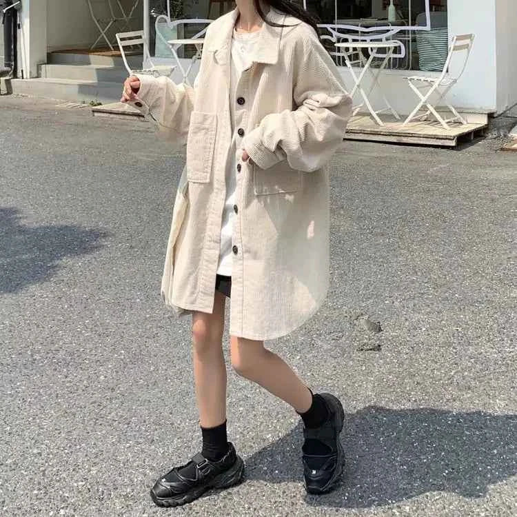 Women Black Corduroy Loose Fit Jacket