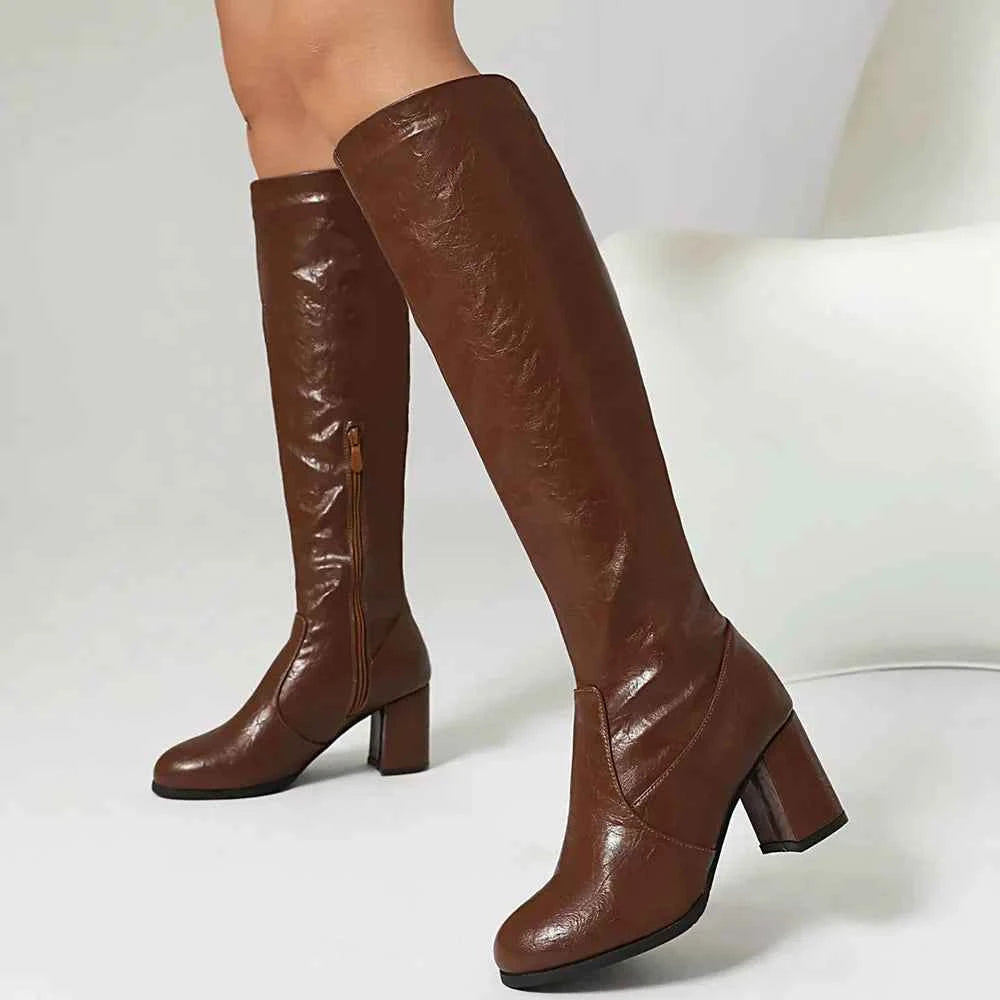Women Vintage High Heels Knee Leather Boot