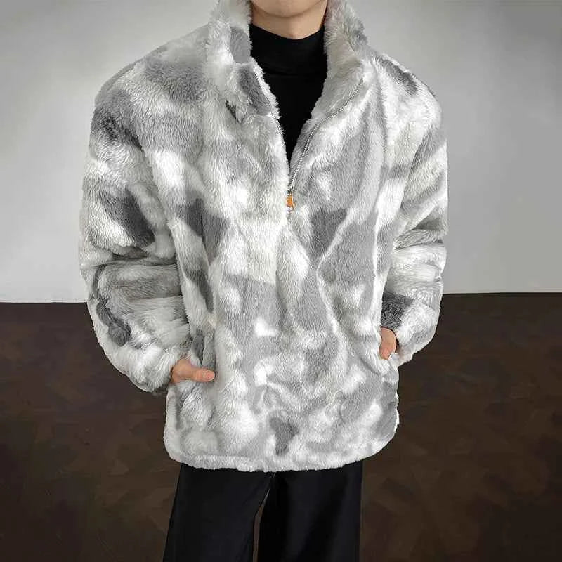 Winter Tie-Dye Stand-Collar Faux Fur Jacket