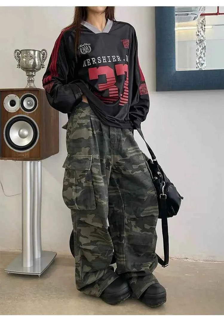 Vintage Washed Camouflage Print Wide Jeans