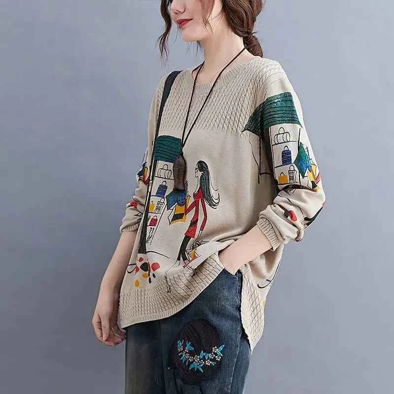 Literary Retro Comfort Anime Printing Sweater