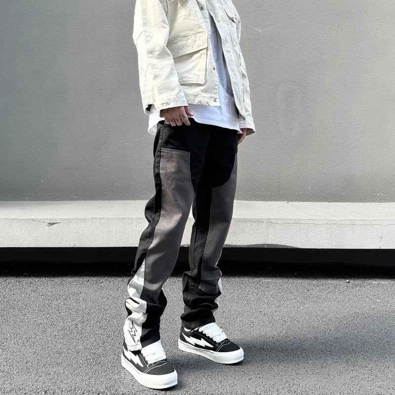 Black Gray American Style Embroidered Stacked Jeans
