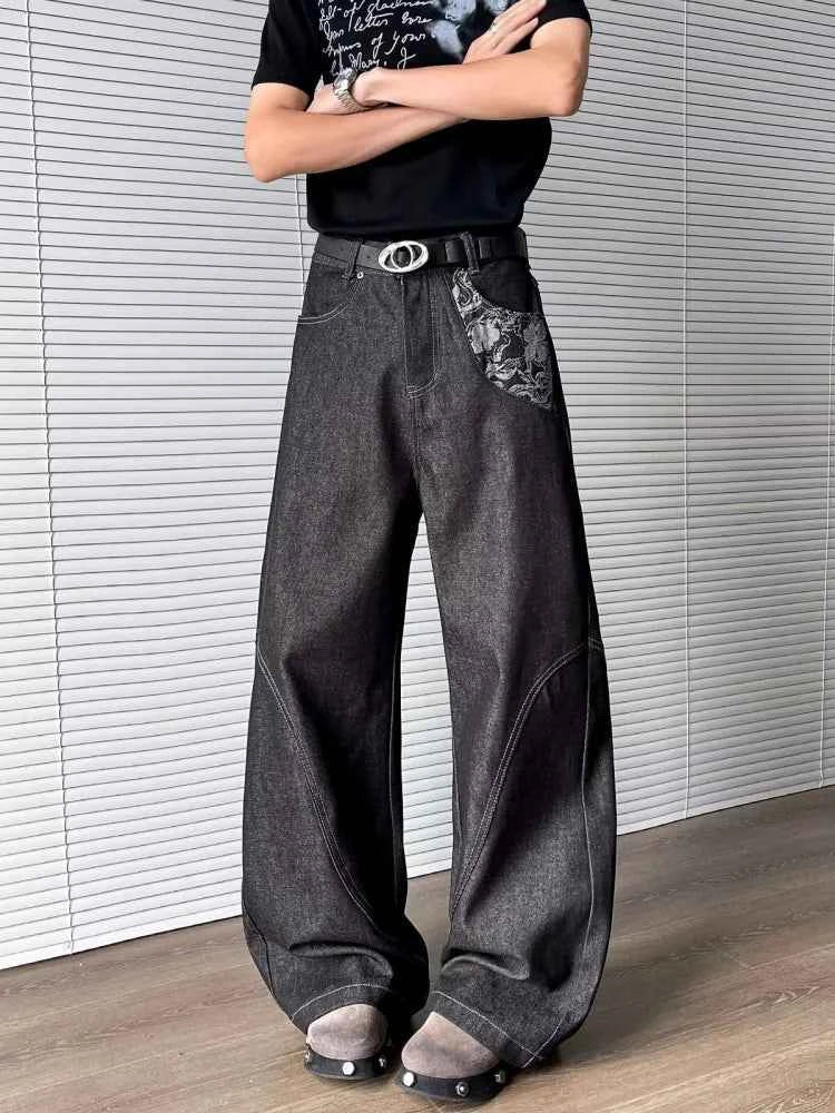 Cyber Graphic Patchwork Baggy Black Jeans