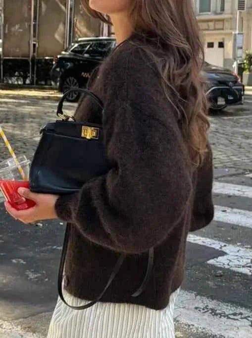 Brown Elegant Knitted Button Casual Cardigan