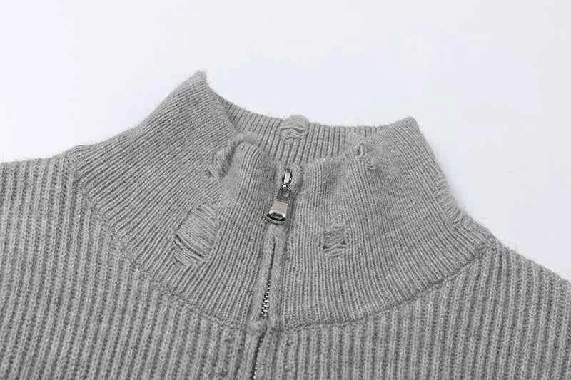 Graffiti Printed Ripped Knitted Zipper Cardigan