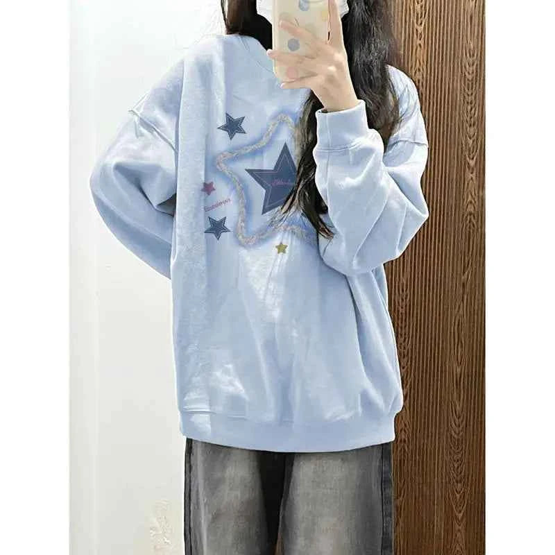 Effortless Smart Blue Star Print Preppy Style Sweatshirt