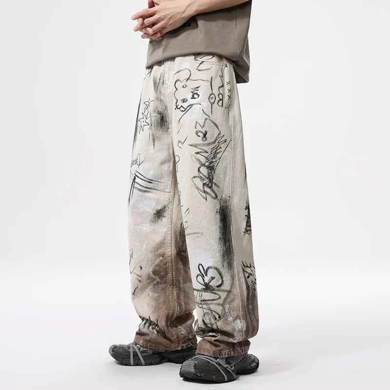 Streetwear American Graffiti Ripped Loose Wide Leg Jeans