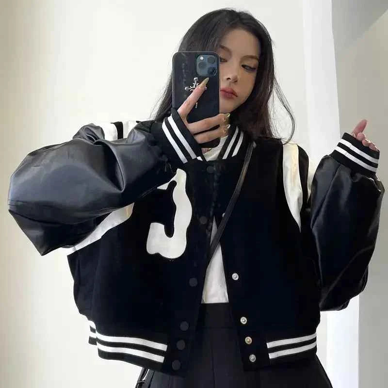 Punk Style Black White Leather Varsity Jacket